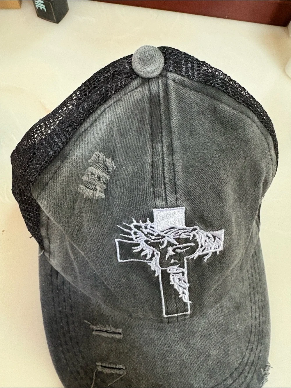 Distressed Gray Trucker Cap with White Cross & Embroidered Portrait